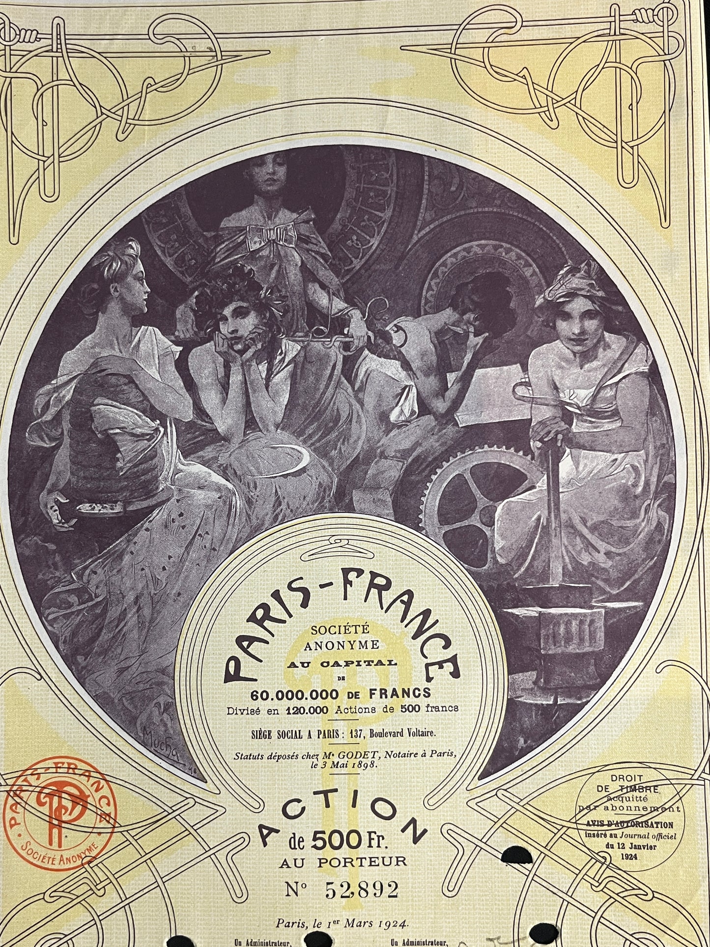 アルフォンス・ミュシャ「パリ・フランス社の証券」イエロー