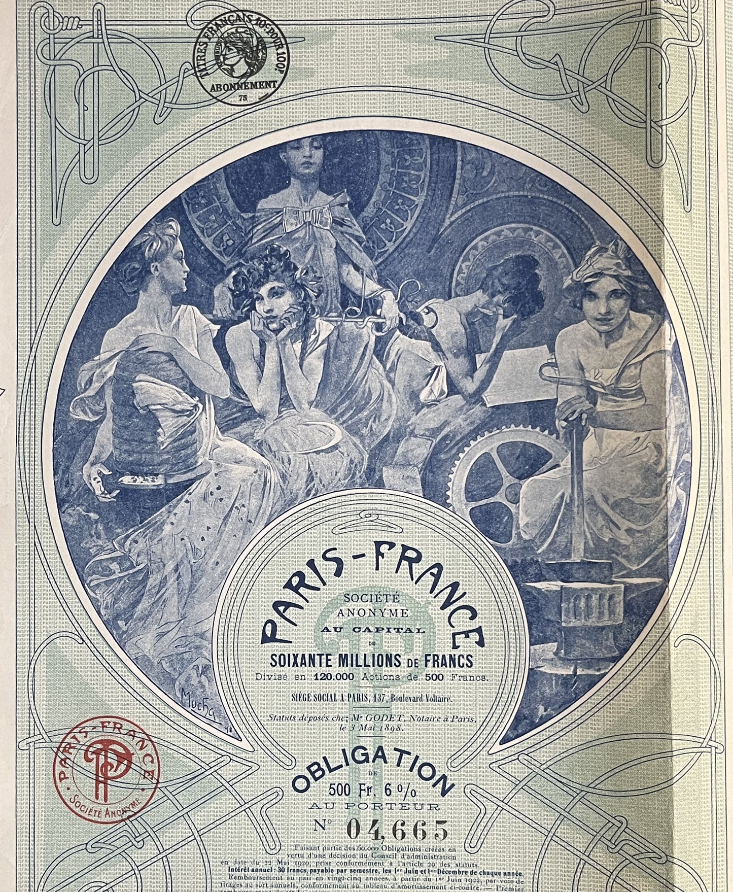 アルフォンス・ミュシャ「パリ・フランス社の証券」ブルー