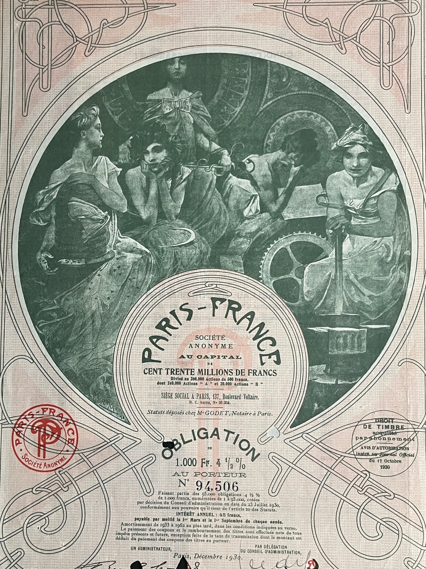 アルフォンス・ミュシャ「パリ・フランス社の証券」ピンク