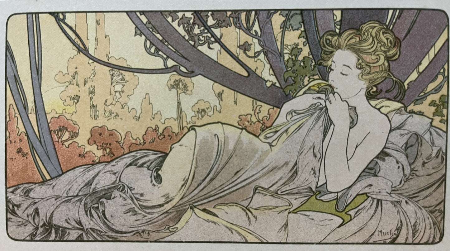 アルフォンス・ミュシャ「黄昏」オリジナルリトグラフ絵はがき