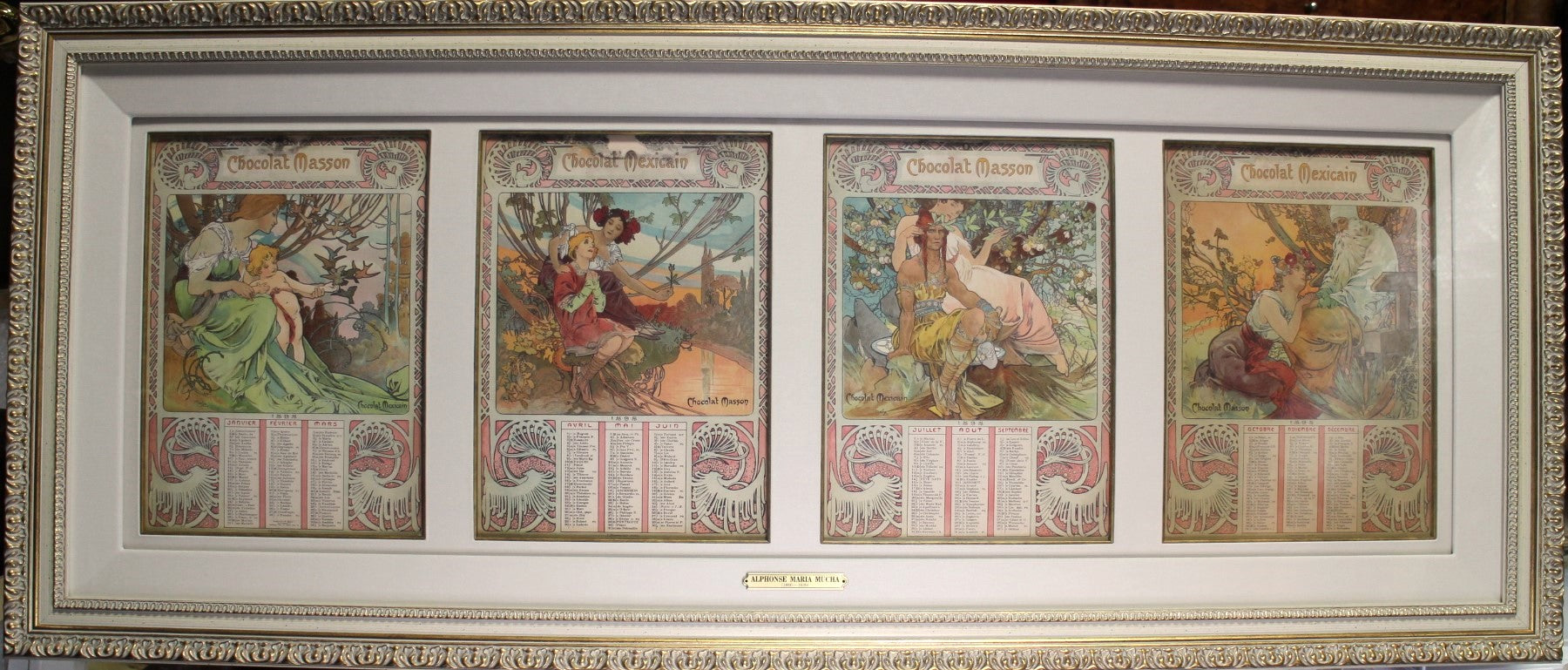 直販激安アルフォンス・ミュシャ、〈ショコラ・マッソン〉：1897年のカレンダー　7.8.9月、希少な画集より、新品高級額・額装付、状態良好、送料込 人物画