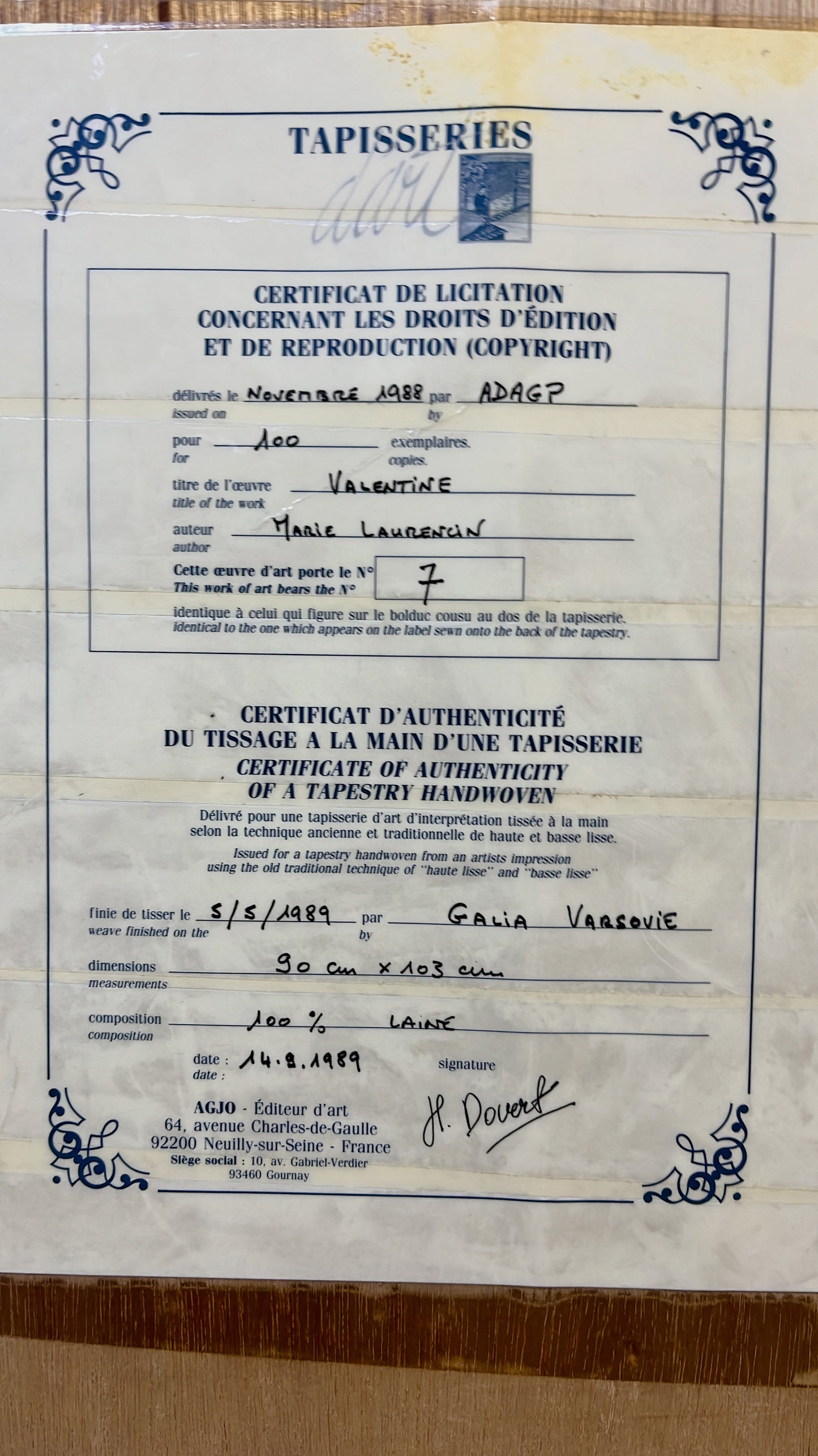 マリー・ローランサン「ヴァレンタイン」タペストリー - ギャラリーK