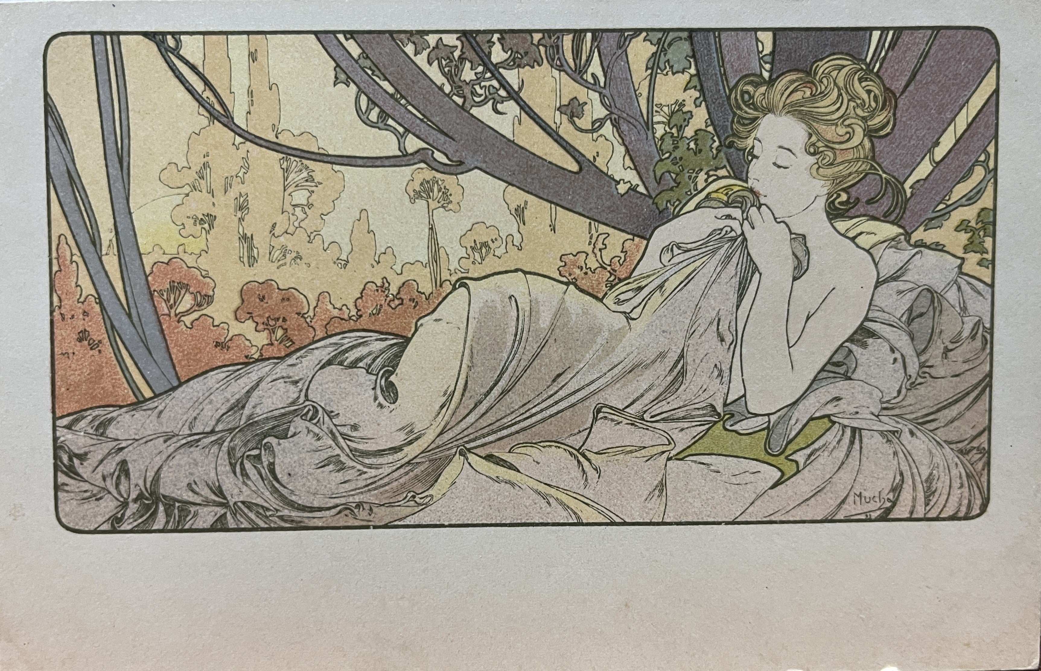 うのにもお得な アルフォンス・ミュシャ「黄昏」オリジナルリトグラフ絵はがき 版画