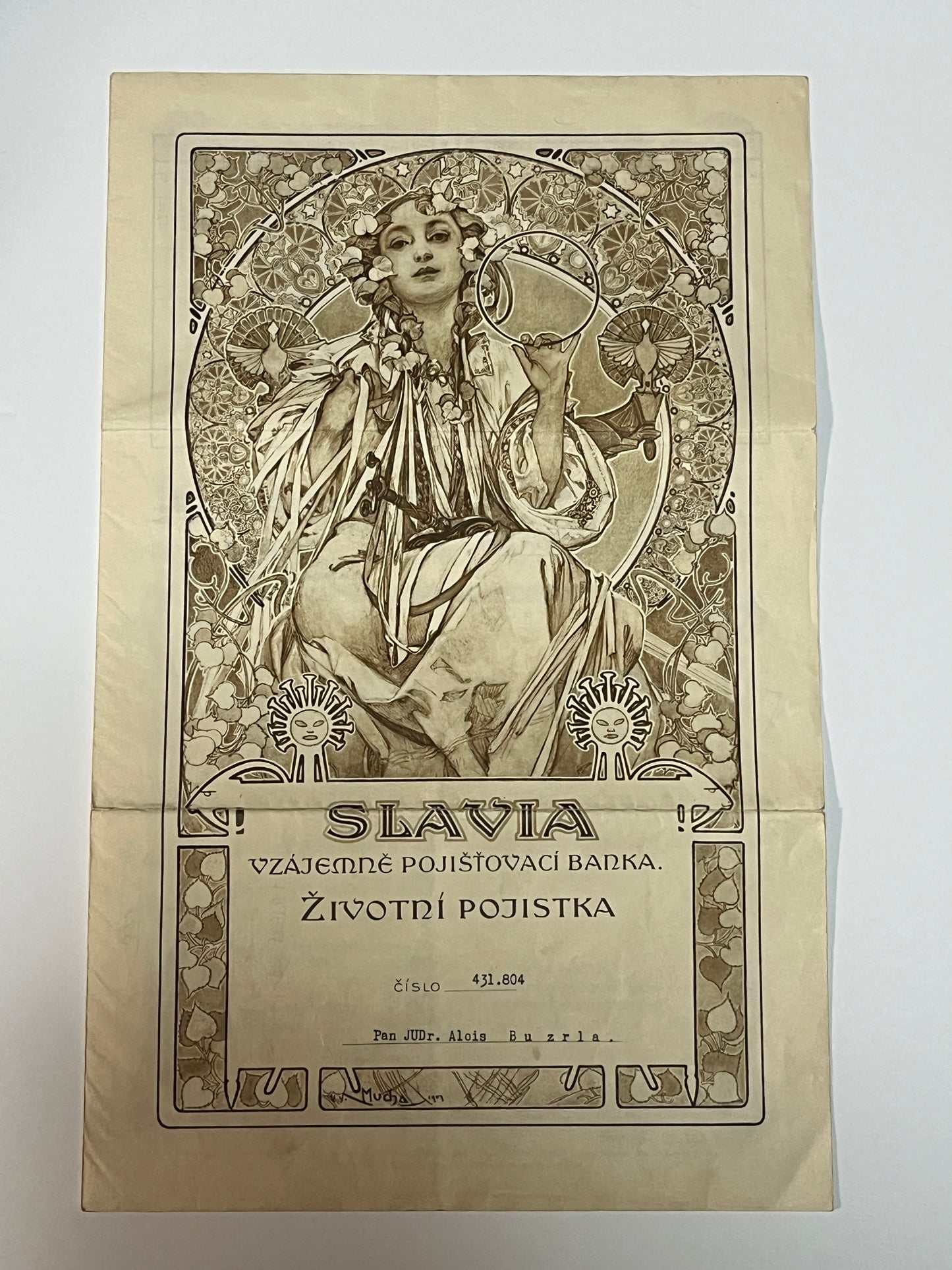 アルフォンス・ミュシャ「スラヴィア保険 保険証書」ケース付き