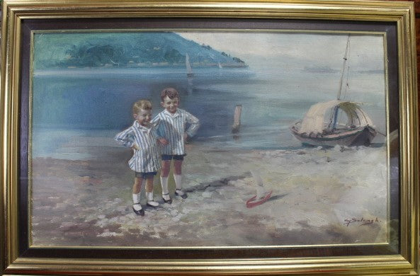 GIUSEPPE SOLENGHI「海辺の子供」油彩