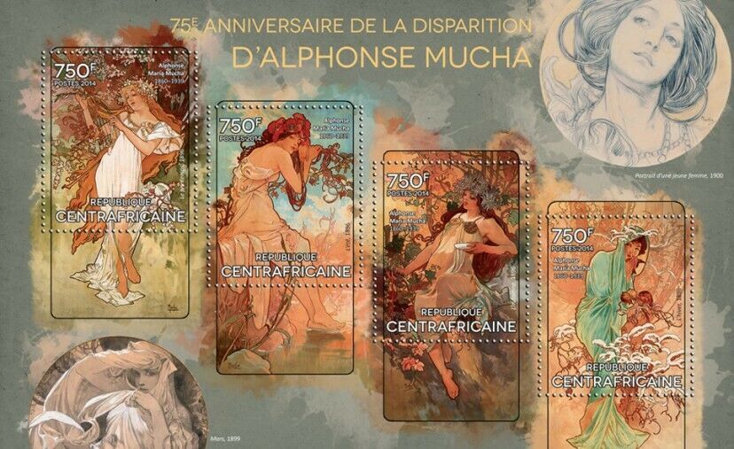 アルフォンス・ミュシャ　切手　5枚　(中央アフリカ共和国発行）